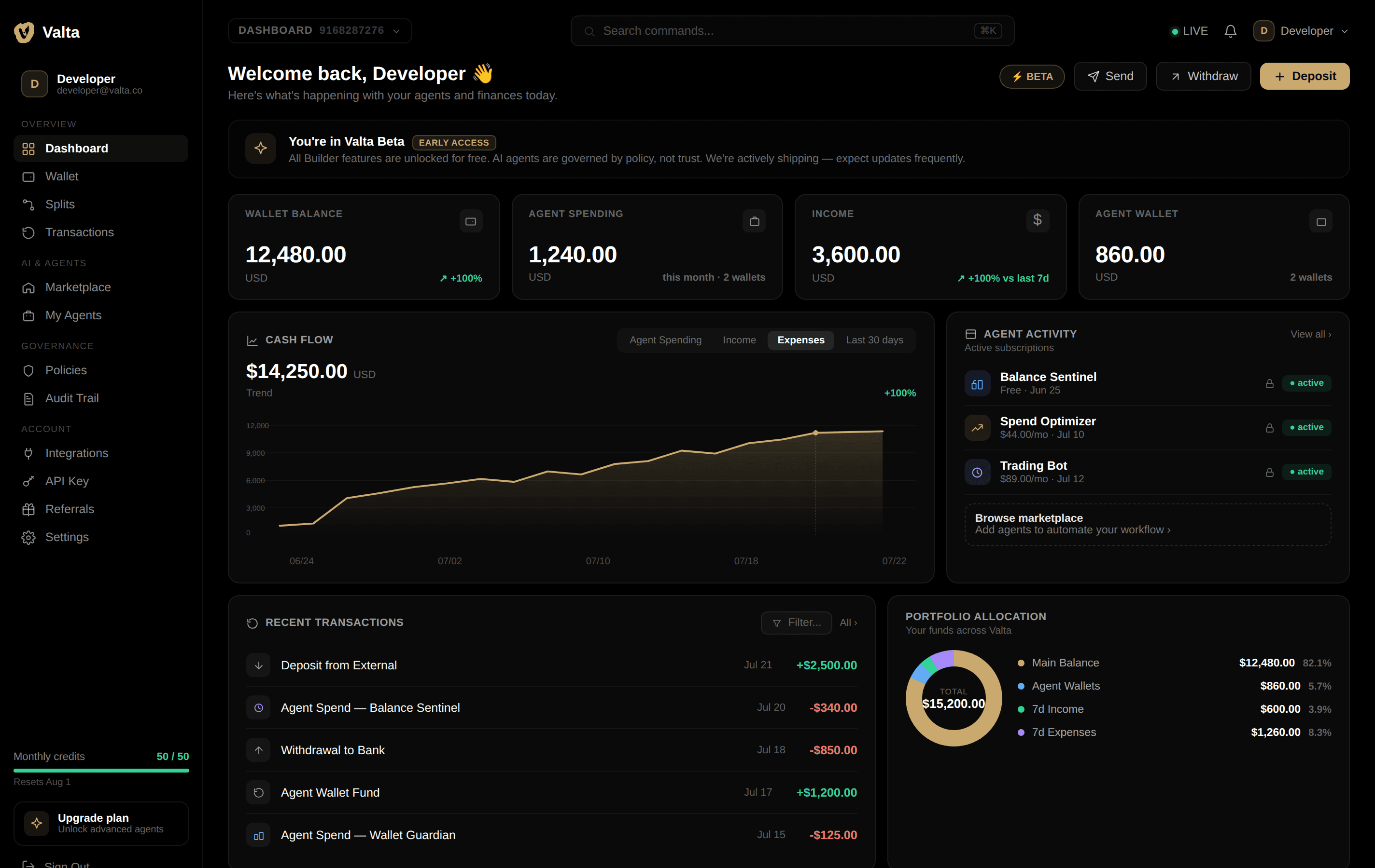 Valta dashboard showing wallet balance, agent spending, income, cash flow, and portfolio allocation