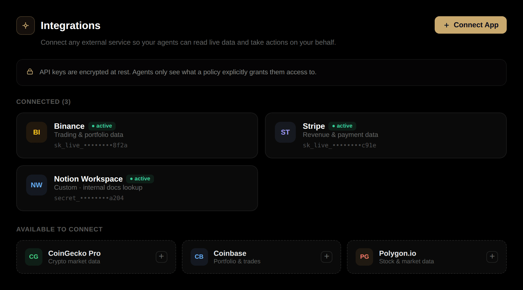 Valta Integrations panel showing connected services like Binance, Stripe, and a custom Notion workspace